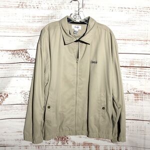 Izod Men's Beige Tan Navy Blue collared Golf Windbreaker MEDIUM two pocket w zip